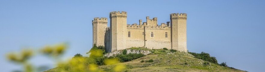 Fototapeta premium Scenery sightseeing idea. A historic castle on a hill, surrounded by a lush landscape and visitors exploring the site.