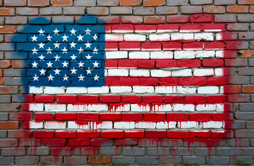 A graffiti-style depiction of the USA flag sprayed onto a brick wall with bold and dripping paint, american flag, United States flag