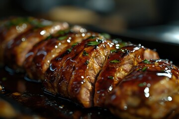 Succulent, glazed beef slices garnished with fresh herbs, showcasing delicious culinary craftsmanship.