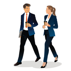 Full length of smiling young business couple walking isolated over white background, holding cups of takeaway coffee.vector,illustration