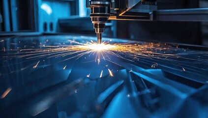 Laser CNC cut of metal with light spark. Technology modern industrial blue color.
