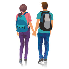 couple of tourist or students with backpack walking away . travel on white background.