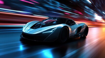 Futuristic Sports Car Speeding Through Neon City at Night