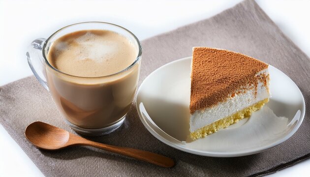 Cup of milk coffee with piece of cake. Generated image