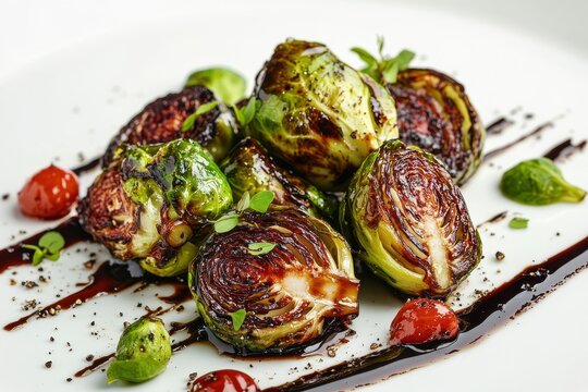 Delicious roasted brussels sprouts drizzled with balsamic glaze and garnished with cherry tomatoes.