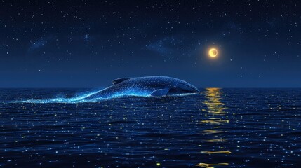 Fototapeta premium Whale leaping in starry night ocean scene.