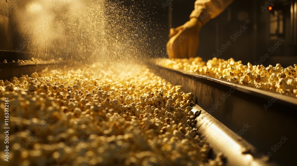 Poster Workers oversee the production line dedicated to popcorn, utilizing AI for efficient processing and quality control. The scene highlights the busy environment of food production in a factory setting.