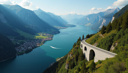 Alpine Lake and Winding Road Scenic View