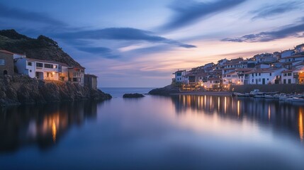 Fototapeta premium Coastal Village at Dusk: Serene Sunset over Calm Waters