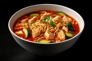 A delicious bowl of chicken noodle soup with zucchini in a rich, red broth.
