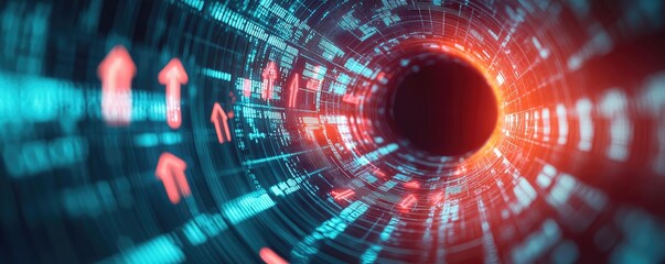 Obraz premium Crash market idea. Abstract digital tunnel with glowing patterns and upward arrows, representing data flow.