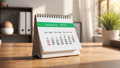 Obraz premium Minimalist Desk Calendar Displayed on January 2025, Modern Typography on a Wooden Table