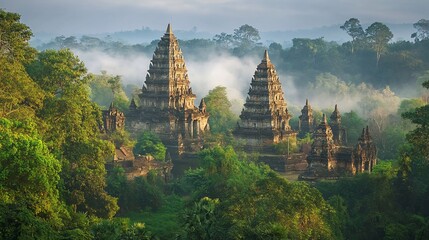 Ancient temple ruins shrouded in morning mist, nestled within lush jungle foliage.