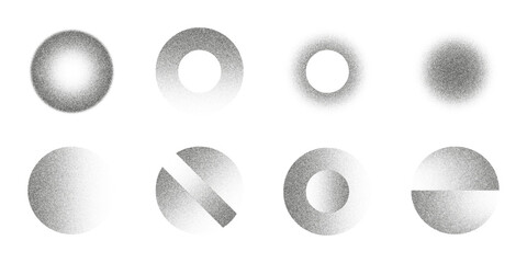 Set of spheres in different variations sand grain effect. Abstract dotwork. Noise gradient. Stipple circles. Dotted spray effect. Dust texture. Halftone vector elements isolated on white background