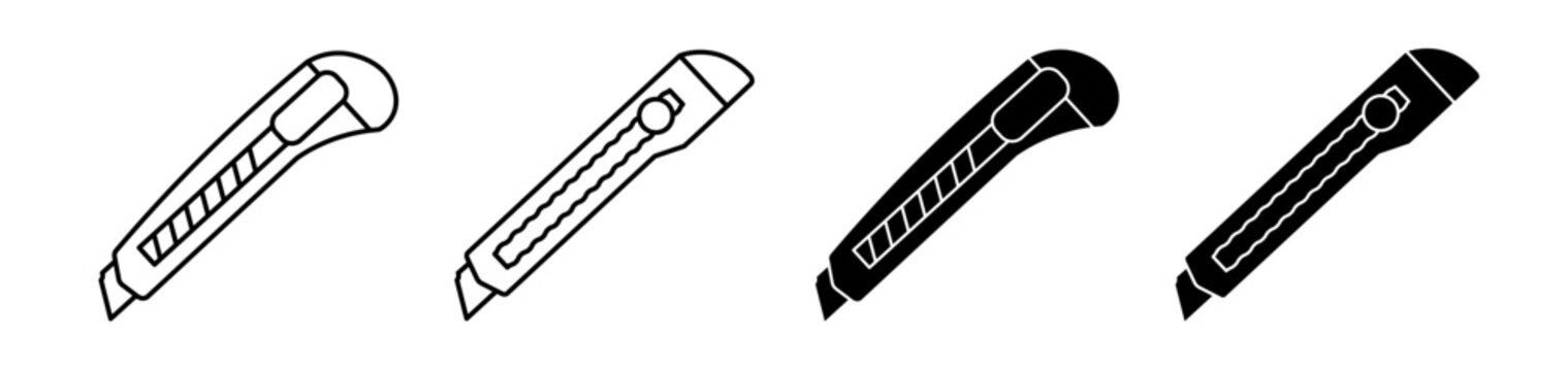 Cutter knife with retractable blade icon set. Cut here, paper or cardboard cutter symbol. Vector illustration. 