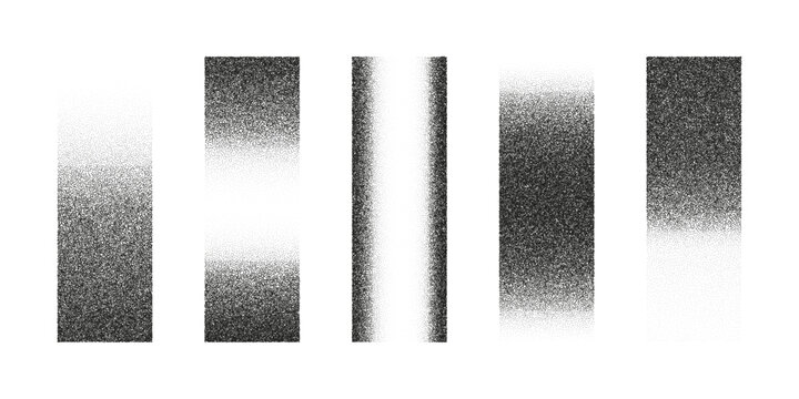 Set of lines with grain effect. Noise gradient textures. Pointillism dots pattern. Rectangular with stipple effect. Dotwork shading. Halftone vector elements isolated on white background