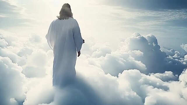 Beautiful Easter video with Jesus Christ walking on white clouds in heaven. with outstretched arms. Against the background of the sky. Religious theme with the heart and the Son of God, the savior 