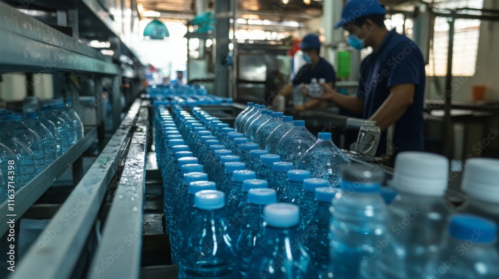 Poster A highly efficient production line in a food processing facility shows workers filling and sealing water bottles. Advanced ai technology ensures quality control and streamlined operations.