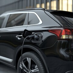 Sleek black electric suv charging with modern plug-in technology