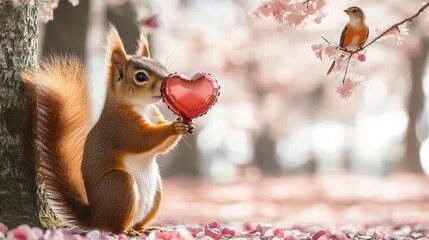 Naklejka premium Squirrel holding heart-shaped balloon valentine's day cute animals nature close-up adorable concept