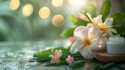 A tropical spa setting with plumeria flowers, glowing candlelight, and golden reflections, creating a luxurious and calming natural atmosphere