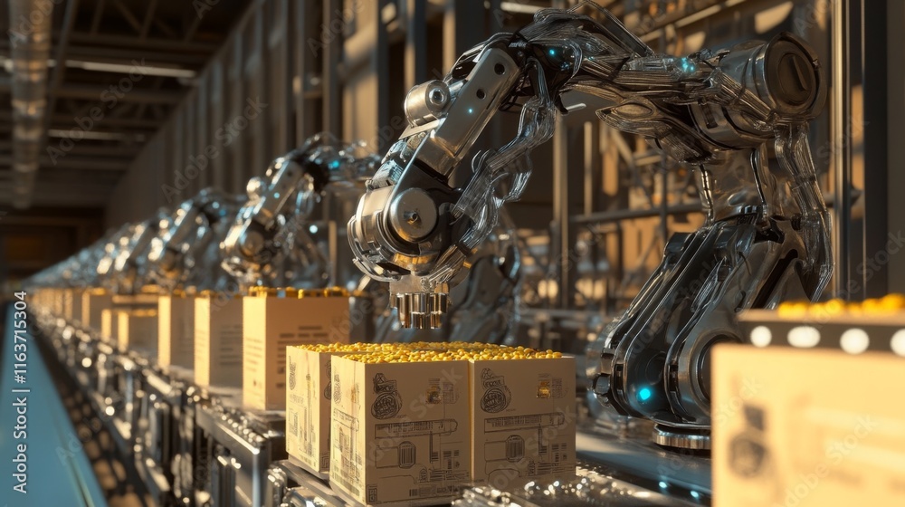 Poster Robotic arms efficiently package food products on a modern production line in a factory setting. Advanced technology enhances productivity and precision during the packaging process.