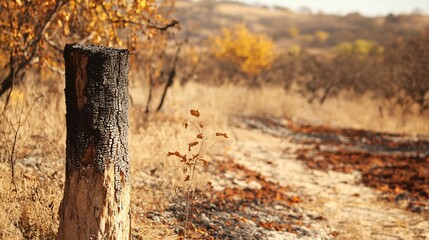Obraz premium Burned Tree Stump in Autumn Landscape, Dry Grassland, Charred Wood, Nature Photography