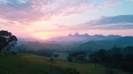 Fototapeta premium Serene Sunrise over Rolling Hills and Majestic Mountains