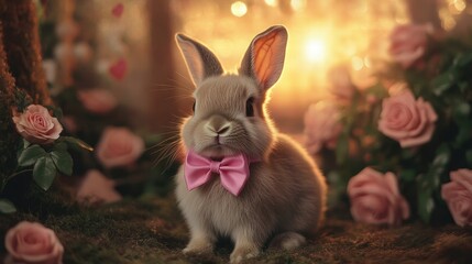 Valentine’s day adventure cute rabbit in a romantic forest setting