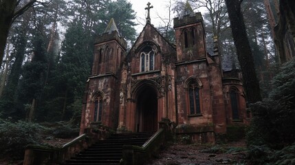 Fototapeta premium Gothic Church in Dark Forest AI Art