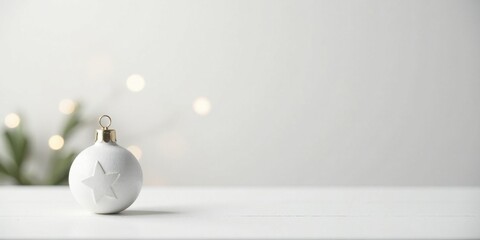 A single white bauble with a gold ornament sits on a white surface, softly lit by blurred lights and greenery.