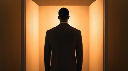 Election day energy concept, Voter silhouetted at a voting booth in a standard image format.