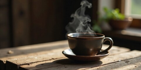 Fototapeta premium A steaming cup of dark beverage on a rustic wooden surface near a sunlit window
