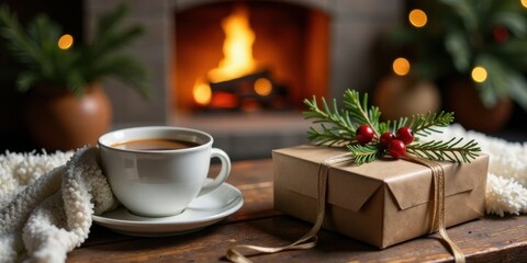 Cozy winter evening scene with a warm beverage and gift