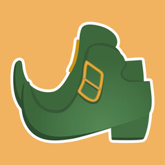 St. Patrick's Day sticker. Green leprechaun shoes with white outline on golden background. Hand drawn. Vector illustration. Shoes with golden buckle on yellow background.