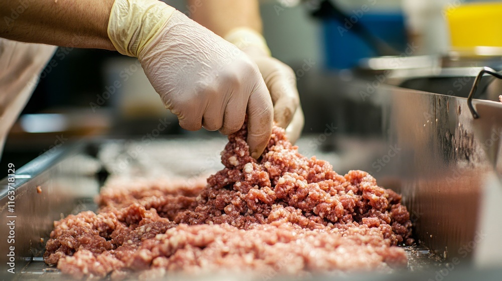 Leinwandbilder A worker in gloves is preparing ground meat on a production line in a modern food processing facility. The use of AI technology enhances efficiency and quality control in meat preparation.