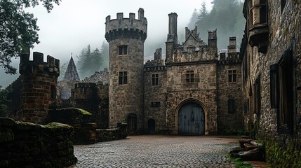Majestic, gray stone castle courtyard shrouded in misty forest.