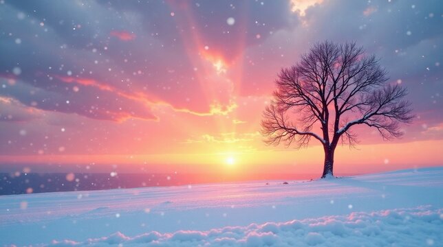 Serene Winter Sunset A solitary snow-covered tree stands silhouetted against a breathtaking pastel sky, as light snow gently falls.