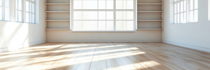 Sunlit modern empty room with wooden floor and large windows casting natural light