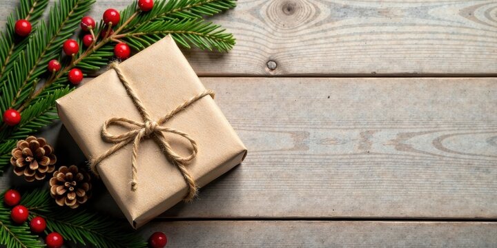 Rustic Holiday Gift Presentation with Pine and Berries