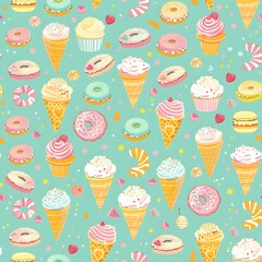 Seamless pattern of ice cream and desserts with cupcakes, cake, chocolate, candy, and sweet treats, perfect for a fun and colorful party or birthday theme