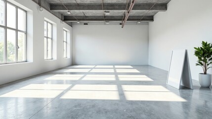 Sunlit Empty Industrial Loft Space with Blank Signage