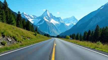 Naklejka premium Asphalt road leading to a majestic mountain range with snow-capped peaks and lush green meadows