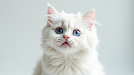 A fluffy white kitten with striking blue eyes gazes intently at the viewer, its pink nose and mouth slightly open in a curious expression.