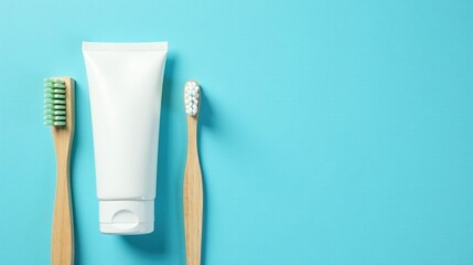 Cleanliness and Oral Hygiene Toothpaste Tube, Bamboo Toothbrushes, and Whitening Pearls on a Blue Background