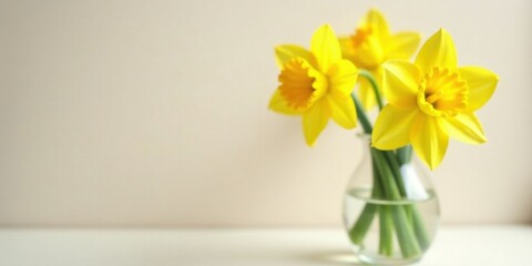 A simple bouquet of cheerful yellow daffodils in a clear glass vase on a neutral background