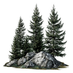 Fototapeta premium Three pine trees are standing next to a large rock.