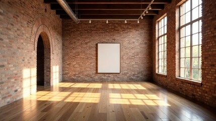 Fototapeta premium Sunlit Loft Interior with Brick Walls and Hardwood Floor, Featuring a Blank Canvas for Art or Design