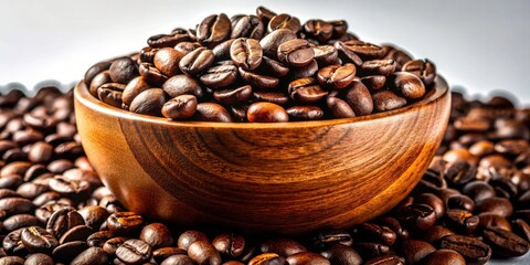 Fototapeta premium Close-Up Silhouette of Wooden Bowl Filled with Freshly Roasted Coffee Beans on White Background for Coffee Lovers and Photography Enthusiasts
