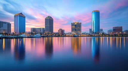 Vibrant Coastal Cityscape at Sunset